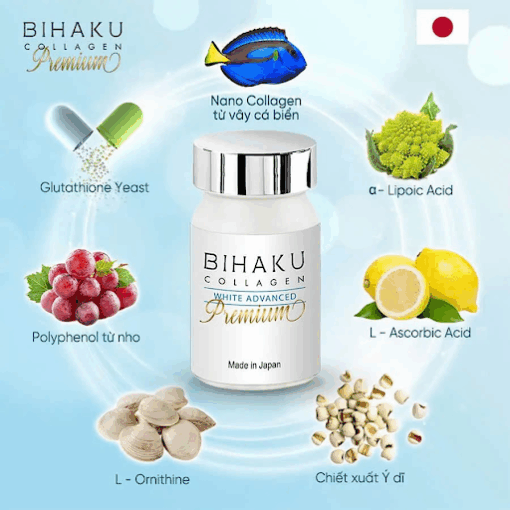 Viên uống trắng da, mờ nám Bihaku Collagen Premium Nhật Bản